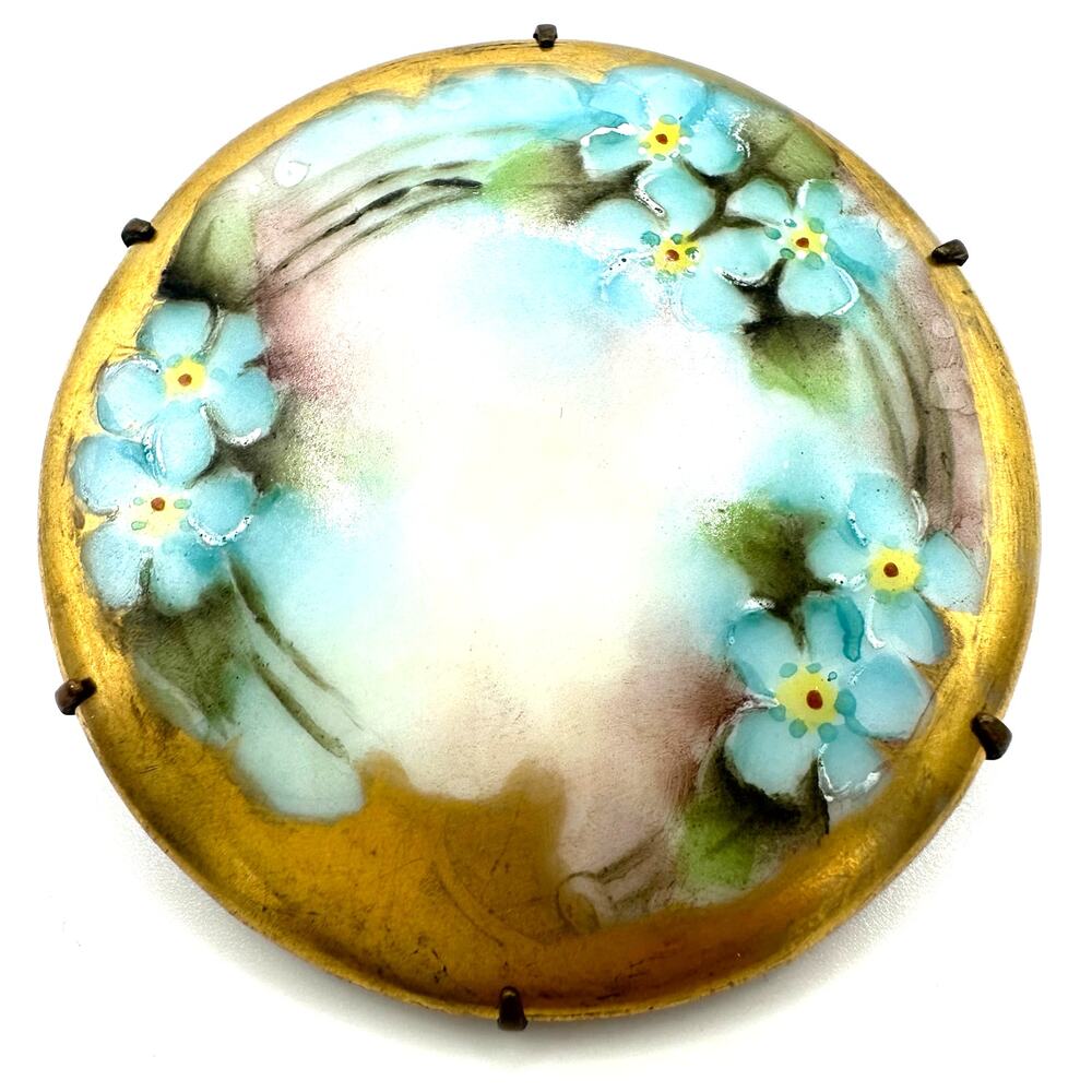 Antique Victorian Edwardian hand painted blue forget me not flowers brooch